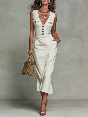 Vestido Midi Jeans Vintage de Corte Reto com Bolsos Chapados