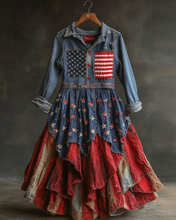 Vestido longo casual de verão com tema de Dia da Independência 5193
