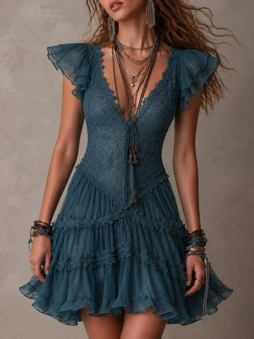 Minivestido Retrô em Renda e Chiffon Azul Marinho com Babados
