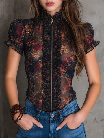 Blusa Gótica Vintage Transparente Floral de Renda com Gola Alta de Babados e Zíper