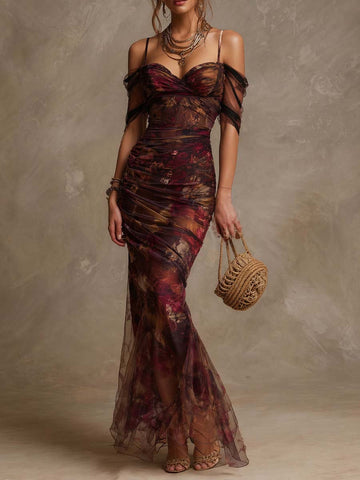 Vestido Longo Sereia Vintage de Tule Estampado Floral com Ombro a Ombro e Drapeado