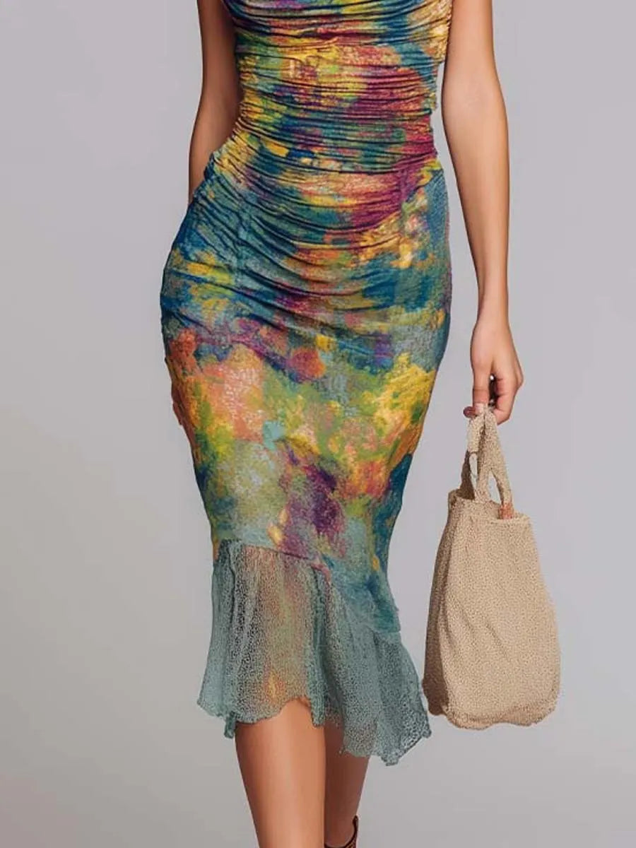 Robe midi en résille Tie-Dye bohème dos-nu froncée