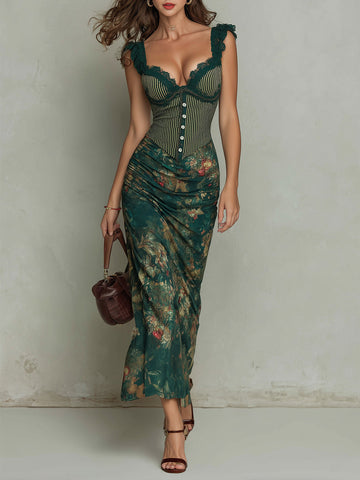 Vestido longo com estampa floral listrada e barra de renda vintage