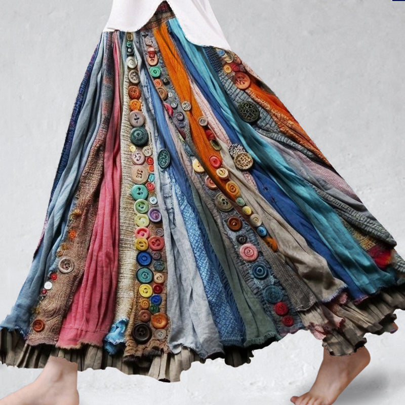 Saia Ampla Boho Colorida em Linho Mesclado Fluido f616