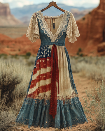 Vestido de Verão Vintage com Renda Retrô para o Dia da Independência 4643