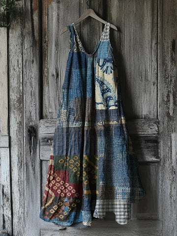 Vestido Feminino Japonês Tradicional Sashiko com Arte Floral Patchwork em Algodão e Linho c0e2
