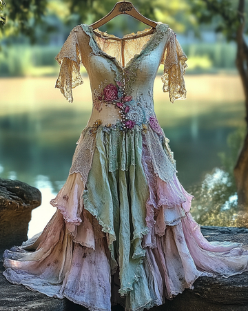 Vestido 9106 de Verão com Renda Irregular, Patchwork, Miçangas e Babados