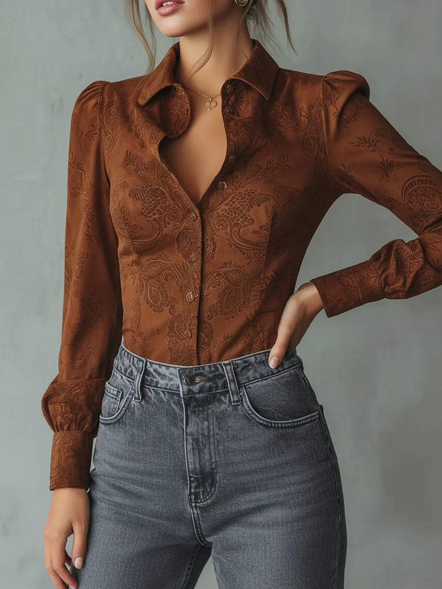 Blusa a maniche lunghe in pelle scamosciata ecologica con motivo paisley retrò
