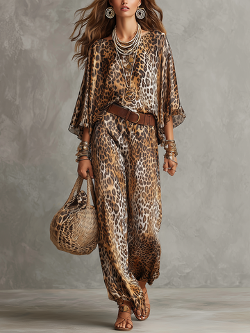 Bohemian Leopard Print Batwing Sleeve Suit