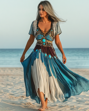 Vestido de Linho Miçangas Turquesa Beira-Mar Férias de Verão 7f6c
