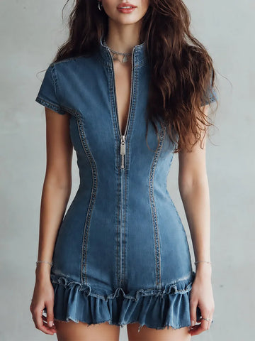 Boho-style Front Zipper Washed Denim Mini Dress With Ruffled Hem