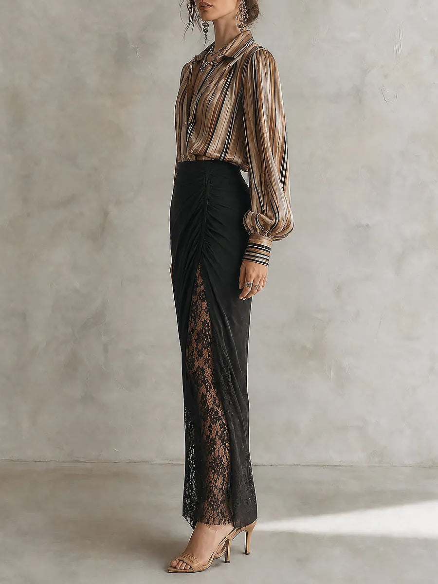 Ensemble blouse satinée rayée bohème et jupe longue en dentelle froncée