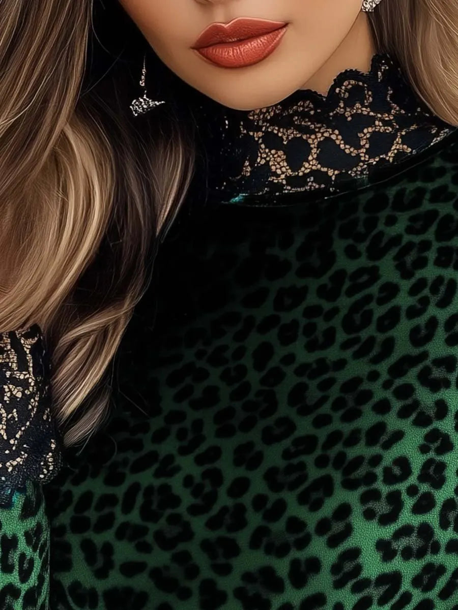 Haut pour femme en velours avec empiècement en dentelle et imprimé léopard