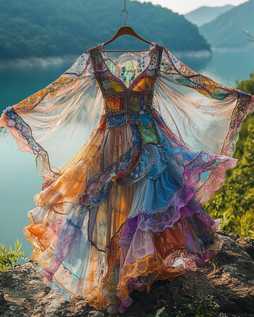 Vestido d0bd de Verão Irregular com Renda, Retalhos, Miçangas e Babados