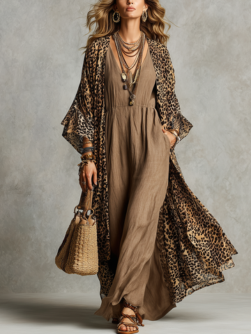 Ensemble robe superposée imprimé léopard bohème sauvage