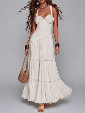 Vestido Longo Frente Única Franzido Bohemian Cream com Babados