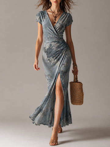 Vestido Maxi de Fenda V-Neck com Bainha Cauda de Peixe Estampada Retrô