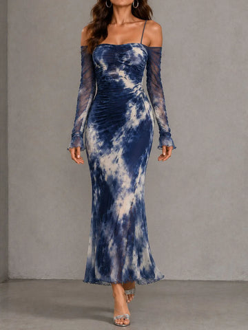 Vestido Longo Sereia Boho Azul Tie Dye de Tule Franzido com Ombro a Ombro