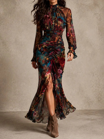 Vestido Maxi Sereia Chiffon Floral Vintage com Gola Alta e Fenda Franzida