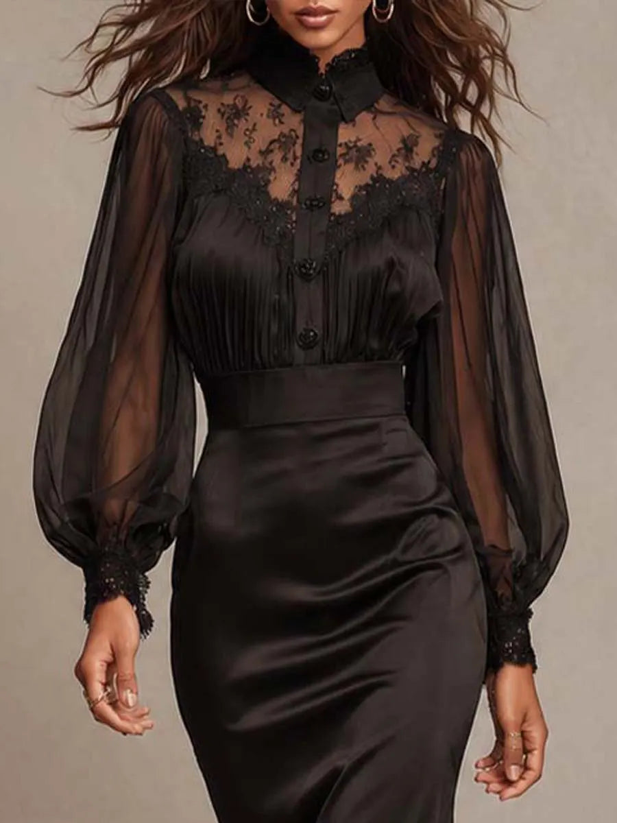 Vestido Midi Sereia de Cetim Manga Longa Bufante de Renda Gótica Vintage Elegante
