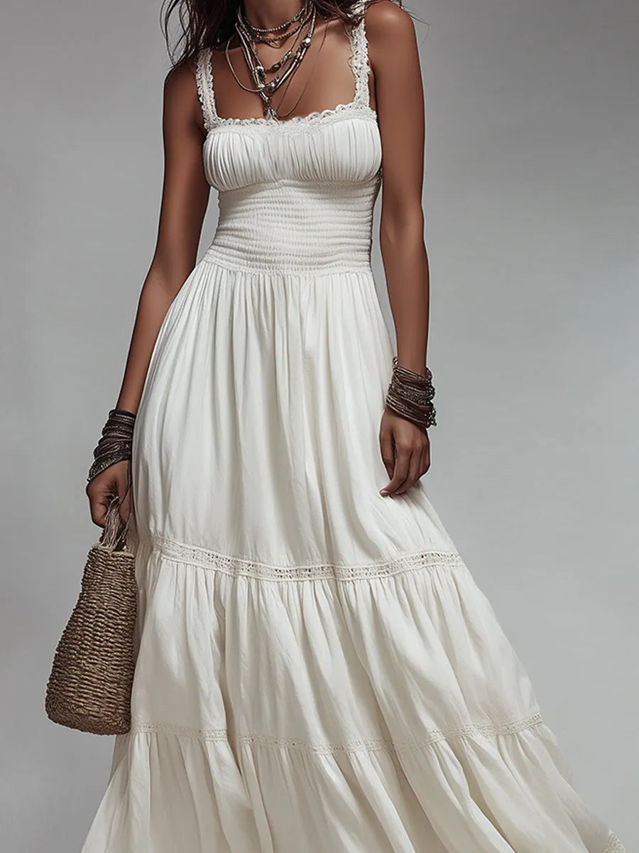 Vestito lungo in cotone con balze e finiture in pizzo Boho