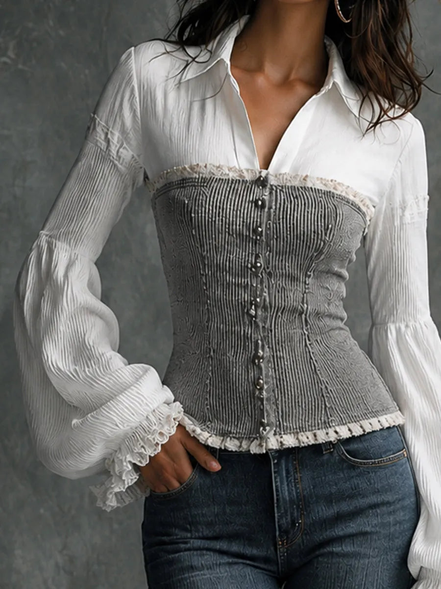 Haut façon deux-pièces chemise et corset côtelé