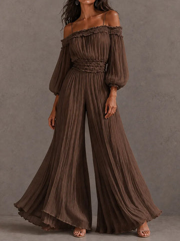 Boho Brown Crinkle Off Shoulder Ruffle Smocked Waist Wide Leg Jumpsuit