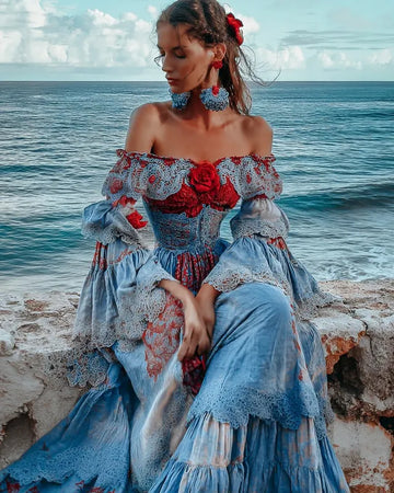 Abito estivo in pizzo ricamato floreale con patchwork 3d62