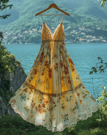 Vestido Longo Chiffon Estampado Floral com Renda e Babado Férias de Verão ff5e