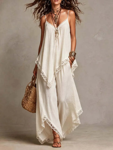 Conjunto de Calças Pantalona com Top Ciganinha de Linho e Renda Boho