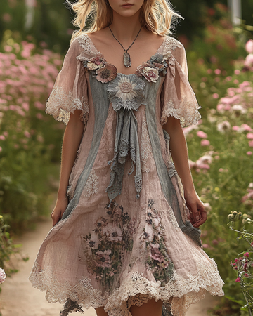 Vestido de Linho Confortável com Patchwork de Renda Bordada Floral de Verão 6c4a