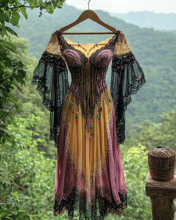 Vestido Elegante com Babados e Renda Contraste de Cores para Férias de Verão 8ca6