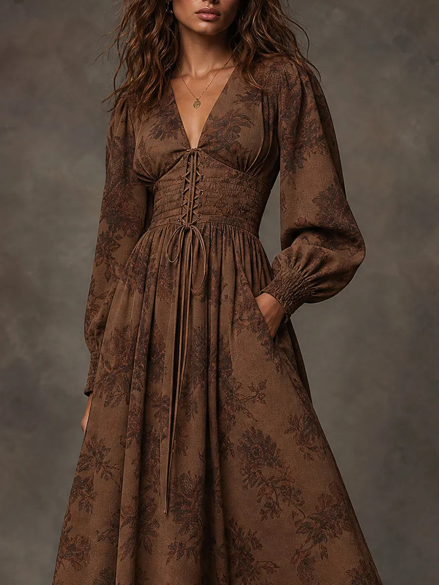 Brown Floral Lace-Up Bishop Sleeve Maxi Dress