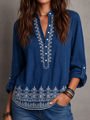 Blusa Jeans Boho Índigo Bordada com Manga Dobrada
