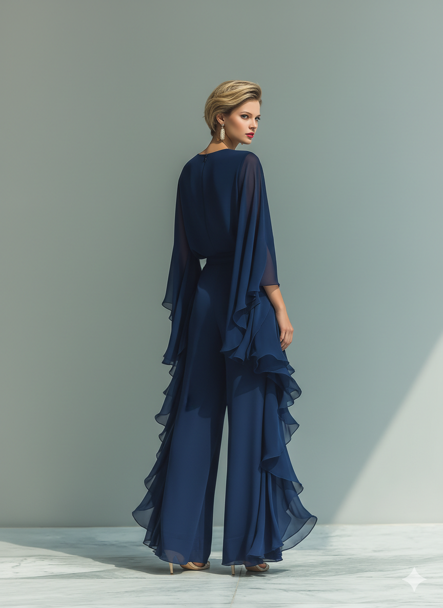 Ensemble pantalon droit et top en mousseline bleu marine à manches évasées avec détails volantés MDZ2218A5T