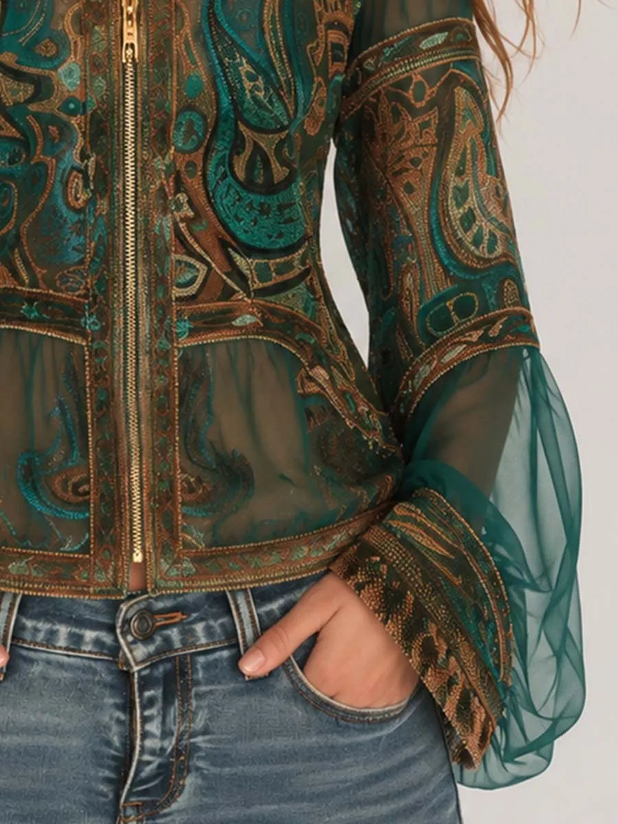 Boho Paisley Print Collar Full Zip Flare Bell Sleeve Sheer Mesh Crop Jacket