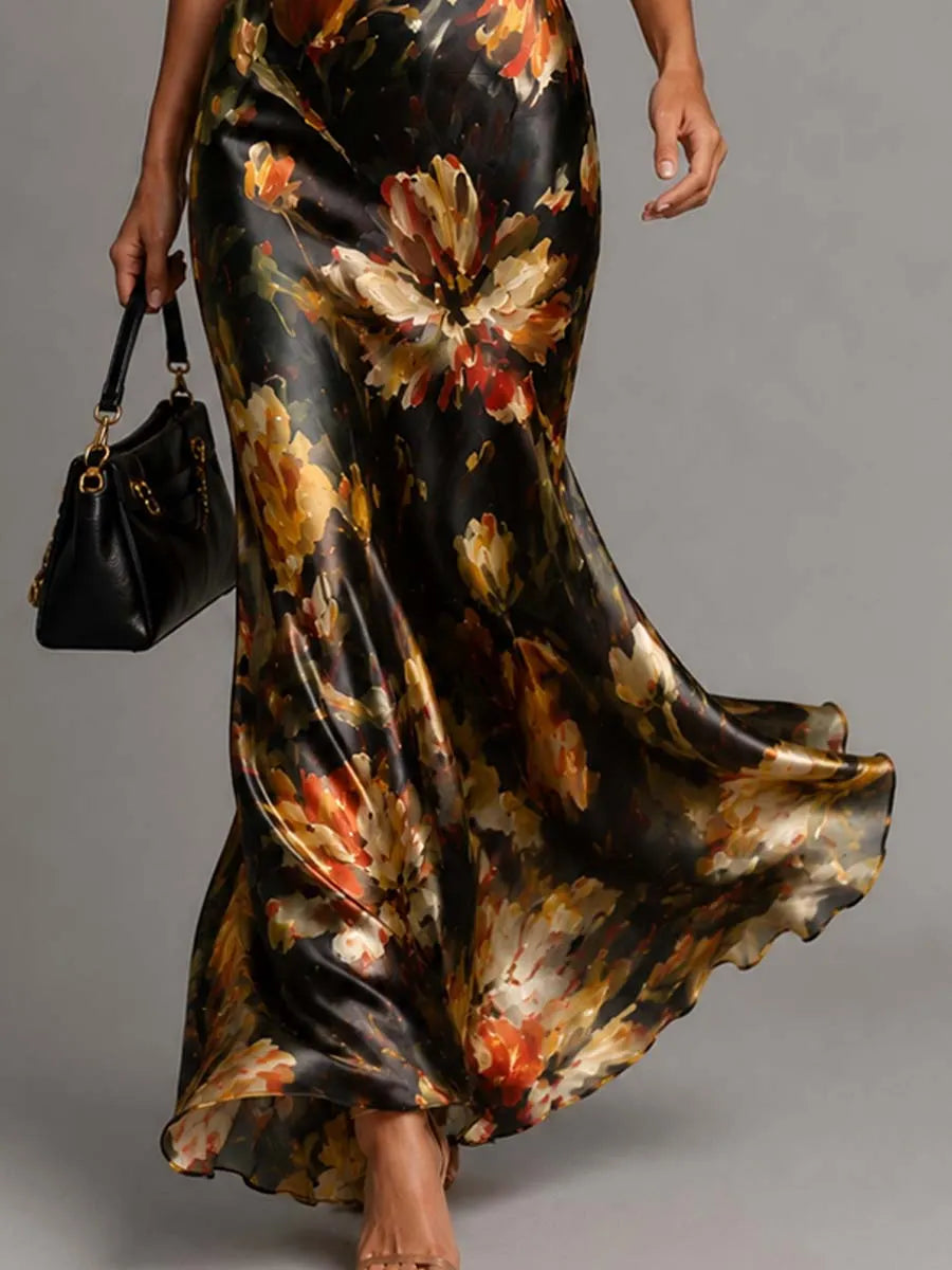 Draped Cowl Neck Floral Print Satin Mermaid Maxi Slip Dress