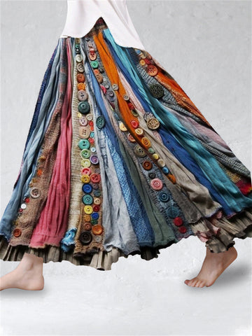 Saia Ampla Boho Colorida em Linho Mesclado Fluido f616