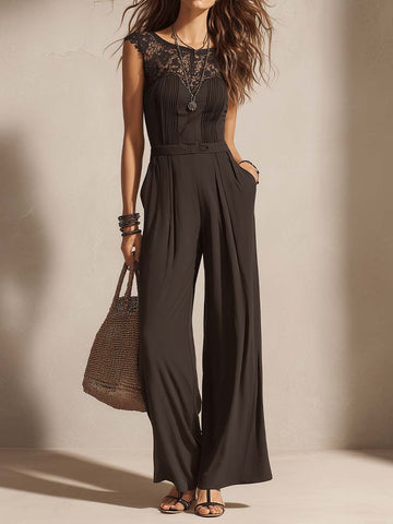 Black Lace-Trimmed Cap-Sleeve Pleated-Waist Wide-Leg Jumpsuit