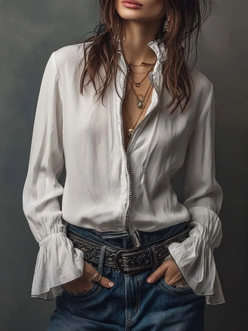 Blusa Branca com Zíper Frontal e Punhos Franzidos