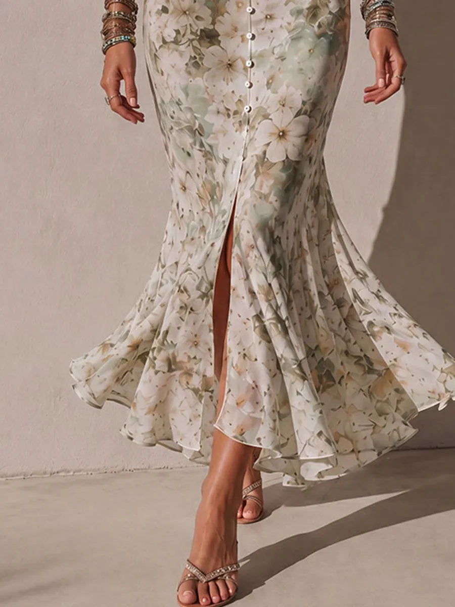 Boho Romantic Floral Soft Chiffon Lace-Trim Button-Front Maxi Dress