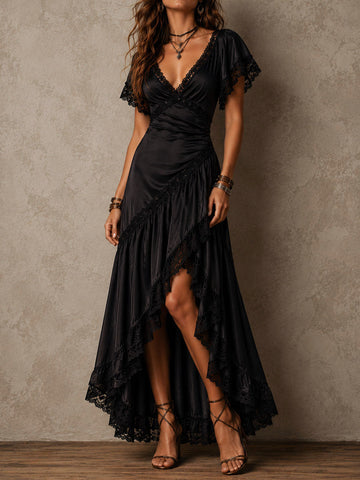 Vestido Maxi Transpassado Boho Elegante com Renda Preta