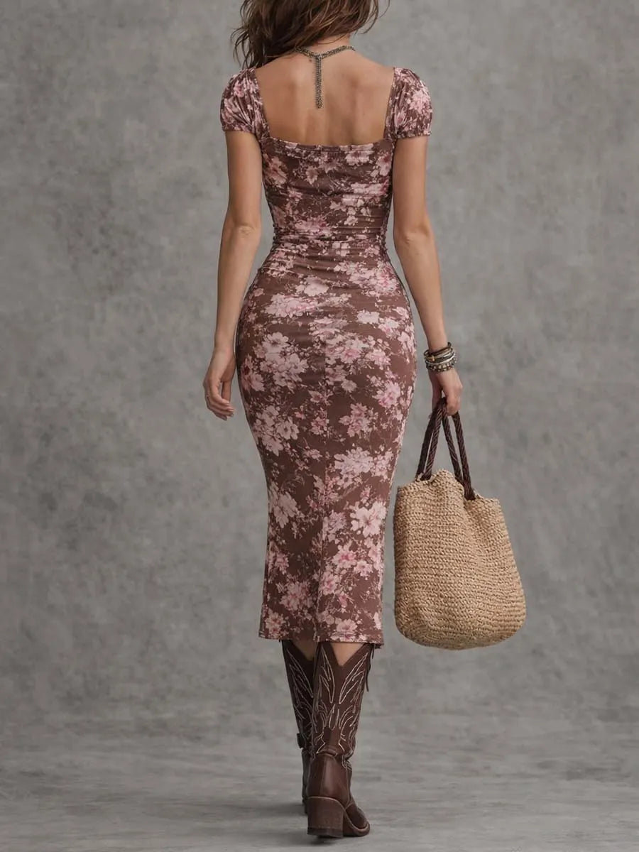 Robe Midi moulante à col en cœur et manches bouffantes fleuries bohèmes avec fente