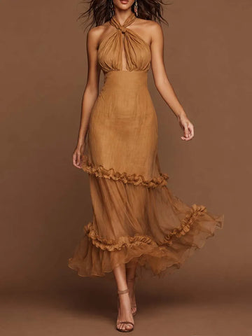 Vestido Midi Elegante com Gola Gravata, Recorte Vazado Frontal e Babados em Camadas de Tencel-linho