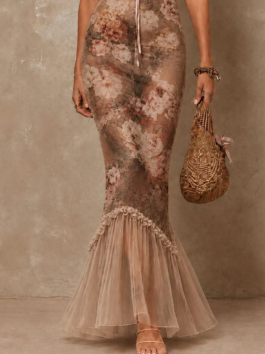 Retro Boho Romantic Sheer Mesh Floral Ruffle Mermaid Maxi Dress