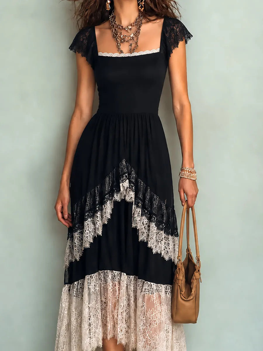 Robe longue vintage color block à manches courtes et dentelle