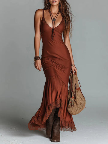 Vestido longo de Tencel com renda e modelagem justa estilo boho
