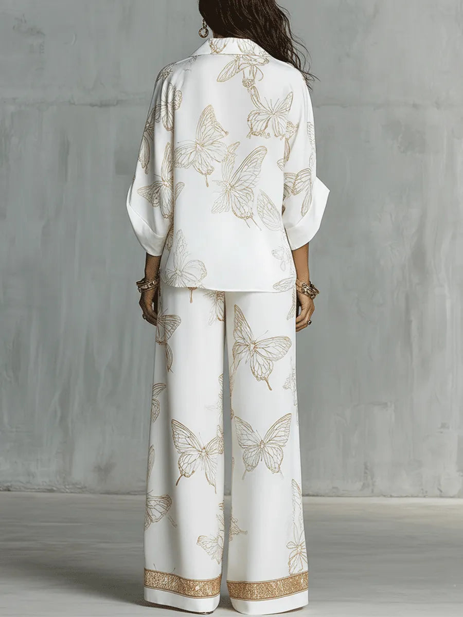 Ensemble blouse papillon jacquard et pantalon ample bohème chic