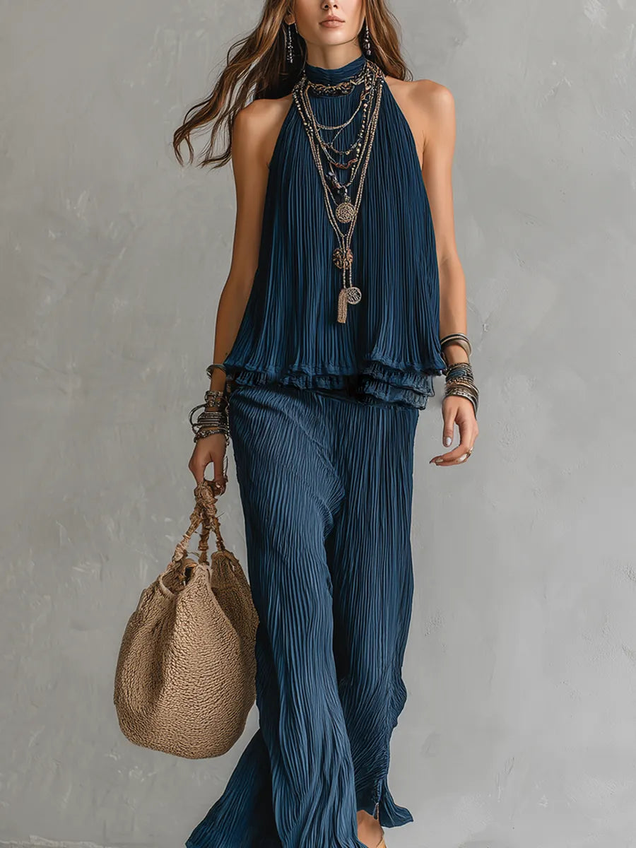 Conjunto de Blusa Plissada Ombro a Ombro e Calça Pantalona Azul Meia-Noite