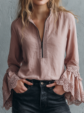 Blusa Vintage de Manga Comprida com Gola Zíper e Punhos de Renda